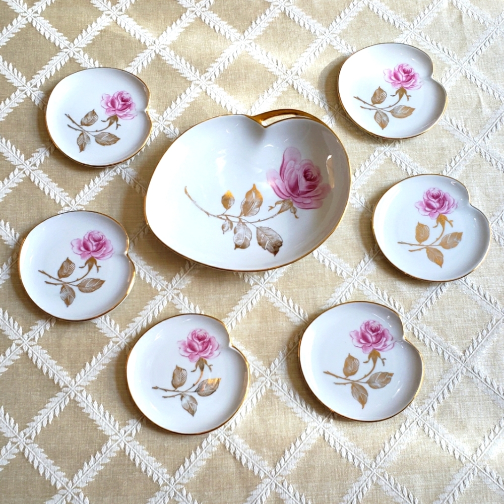 Antique set of dessert or petite four dishes in a rose pattern made in B…